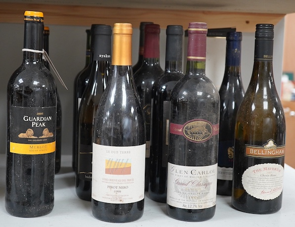 Fourteen bottles of mostly South African wines to include Glen Carlou Grand Classique Reserve and Guardian Peak Merlot. Condition - fair, storage history unknown